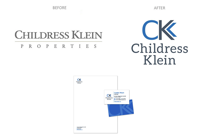 Childress Klein Properties Before and After logo with a mockup of new stationery at the bottom