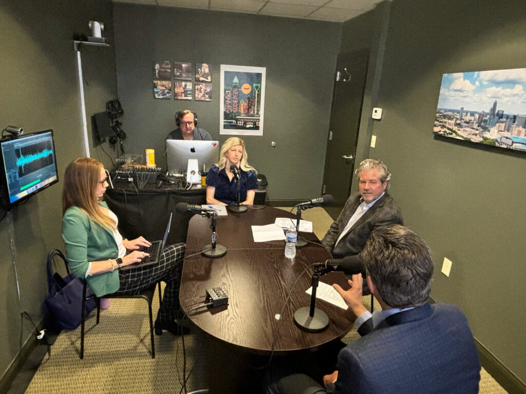 Richard Petersheim, Rachel Krentz, Peter A. Pappas, Julianne McCollum and Brian Baltosiewich recording Building Connection podcast episode #2 on the history and future of ULI Charlotte in the QCPN studio in Uptown Charlotte.