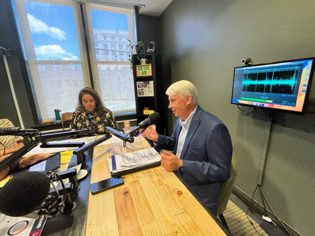 Ned Curran, David Howard, Tracy Dodson and Theresa Burnett recording Building Connections podcast episode #7 on the upcoming transportation referendum in the QCPN studio in Uptown Charlotte.